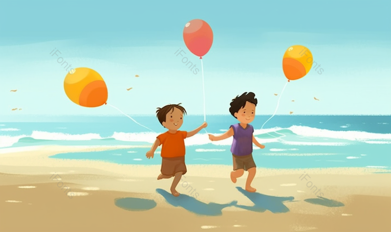 紫色衣服红色衣服男孩夏天儿童小孩湖边海边大海游玩嬉戏可爱唯美插画,插画/手绘图,插画/手绘图库,插画/手绘图下载,插画/手绘